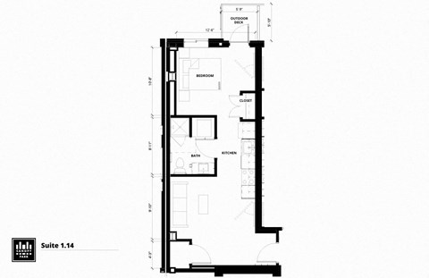 Floor plan for studio, 1 bath, 563 sqft